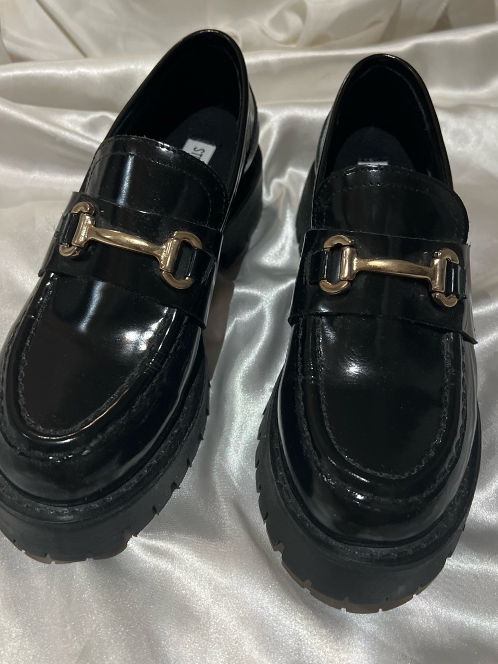 Steve Madden Black Patent Chunky Loafers with Gold Hardware